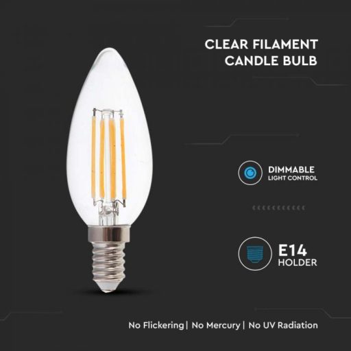 V-TAC Átlátszó LED izzó filament COG  E14 C35 5.5W 4000K gyertya dimmelhető - 7807