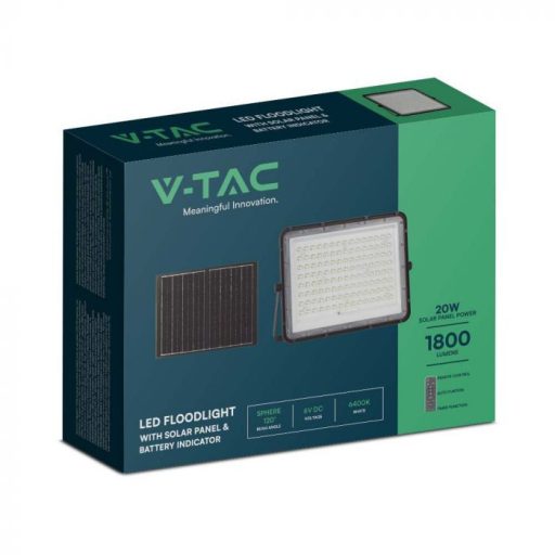 V-TAC 20W LED napelemes (SOLAR) reflektor távirányítóval 120° 6400K fekete házas  - 7827
