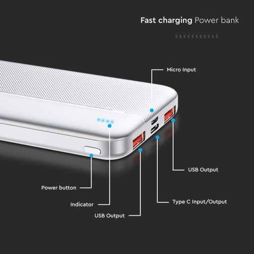 V-TAC Powerbank (hordozható töltő) 10000mAh fehér - 7832