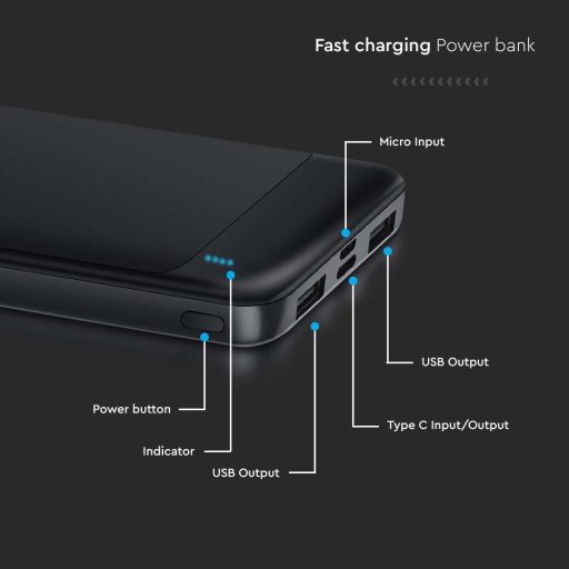 V-TAC Powerbank (hordozható töltő) 10000mAh fekete - 7833