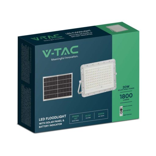 V-TAC 20W LED napelemes (SOLAR) reflektor távirányítóval 120°6400K fehér házas  - 7845