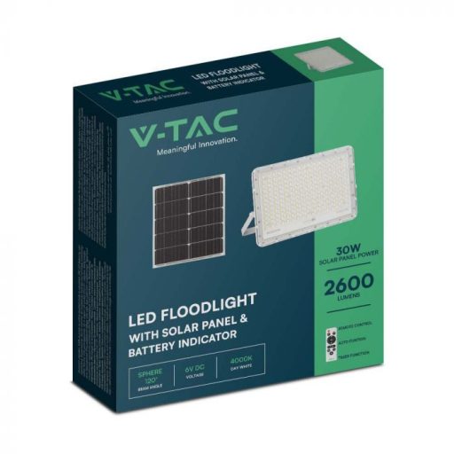 V-TAC 30W LED napelemes (SOLAR) reflektor távirányítóval 120° 4000K fehér házas  - 7848