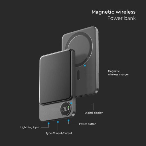 V-TAC Powerbank Mágneses (hordozható gyorstöltő) 5000mAh fekete - 7850