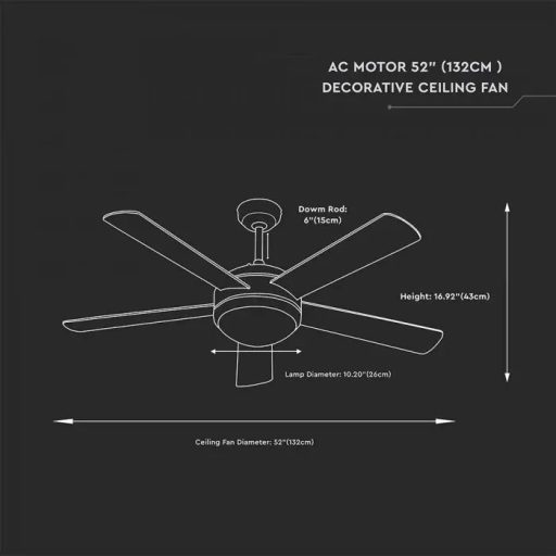 V-TAC 60W Mennyezeti ventilátor 3 az 1-ben 15W Beépített LED világítással RF vezérléssel 5db lapáttal - 7913