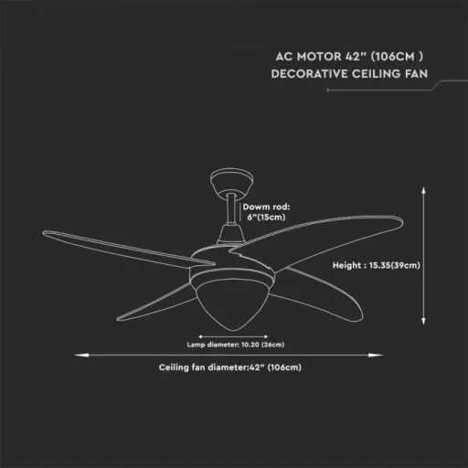 V-TAC 60W Mennyezeti ventilátor 3 az 1-ben 15W Beépített LED világítással RF vezérléssel 4db lapáttal - 7915