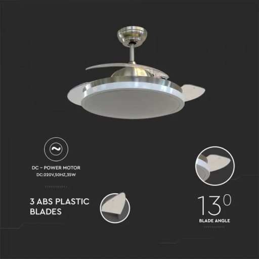 V-TAC 35W Mennyezeti ventilátor 3 az 1-ben 30W Beépített LED világítással RF vezérléssel 3db lapáttal - 7929