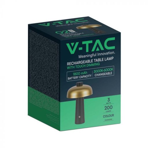 V-TAC 3W LED Tölthető Asztali lámpa - 1800mAh Fekete/arany színű - 7946