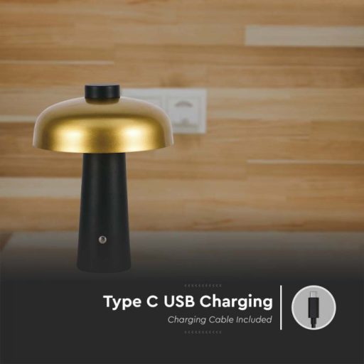 V-TAC 3W LED Tölthető Asztali lámpa - 1800mAh Fekete/arany színű - 7946