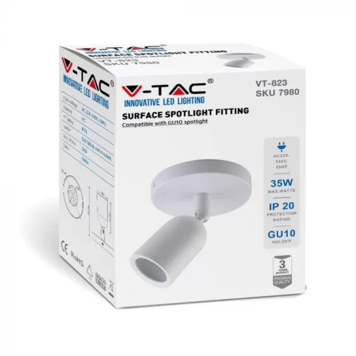 V-TAC Led 1 x GU10 falra szerelhető lámpatest - fehér - 7980