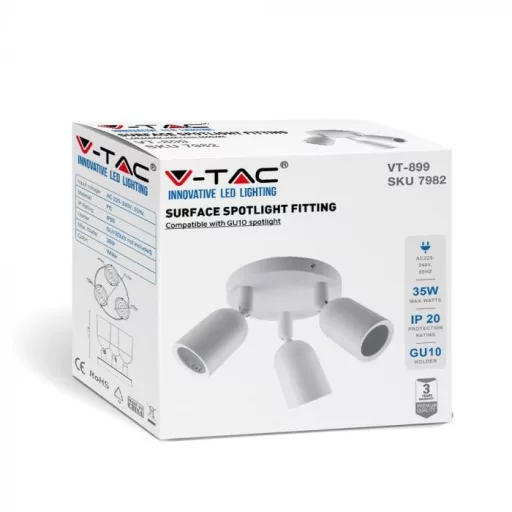 V-TAC Led 3 x GU10 falra szerelhető lámpatest - fehér - 7982