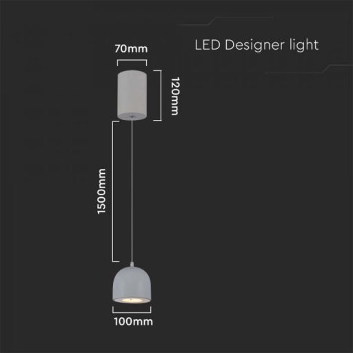 V-TAC LED Függeszték lámpa 8.5W - szürke - 3000K - 7992