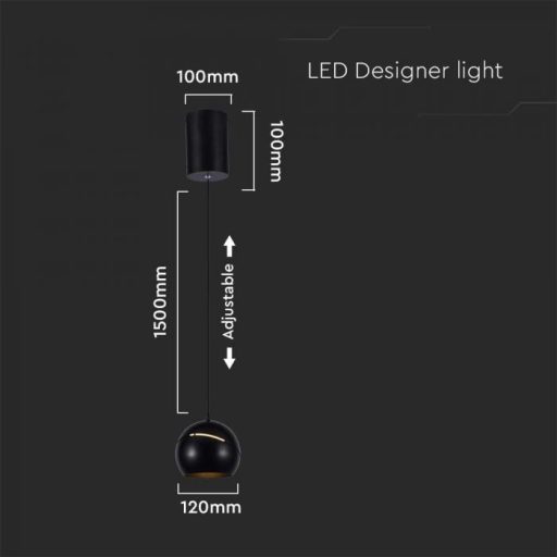 V-TAC LED Függeszték lámpa 8.5W Érintő kapcsolóval - fekete  - 3000K - 8001