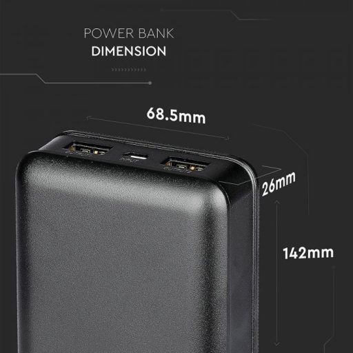 V-TAC Power Bank (hordozható töltő) 20000mAh fekete - 8190
