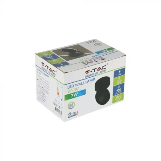 V-TAC 7W LED Fali lámpa IP65 fekete színű 3000K - 8219