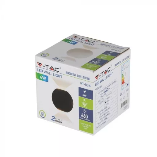 V-TAC 6W LED Fali világítás IP65 fekete színű kerek 3000K - 8303