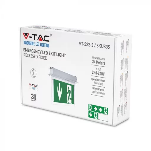 V-TAC 2W LED Süllyeszthető vészkijárat jelző lámpa 6000K - 835