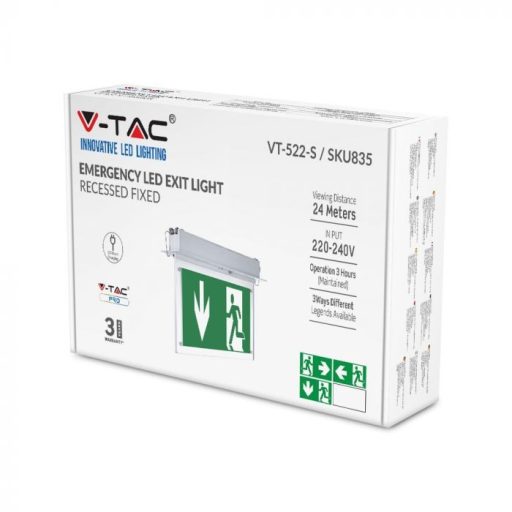 V-TAC 2W LED Süllyeszthető vészkijárat jelző lámpa 6000K - 835