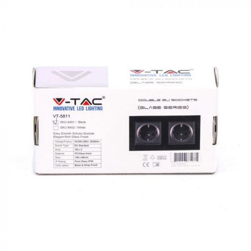 V-TAC EU Kettős Konnektor 16A üveg panel fekete színű - 8401