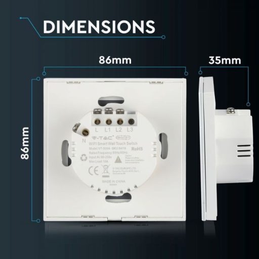 V-TAC SMART WIFI-s Érintős kapcsoló 2 gombos fehér - 8418