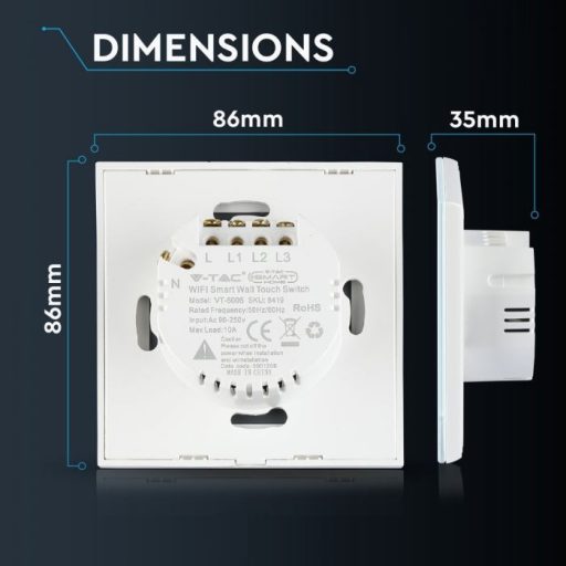V-TAC SMART WIFI-s Érintős kapcsoló 3 gombos fehér - 8419