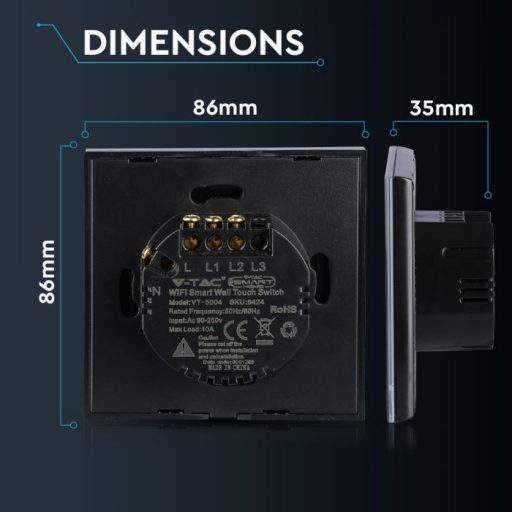 V-TAC SMART WIFI-s Érintős kapcsoló 2 gombos fekete - 8424