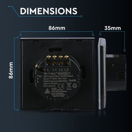 V-TAC SMART WIFI-s Érintős kapcsoló 3 gombos fekete - 8425