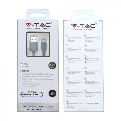V-TAC Micro USB kábel 1,5m fekete - 8448