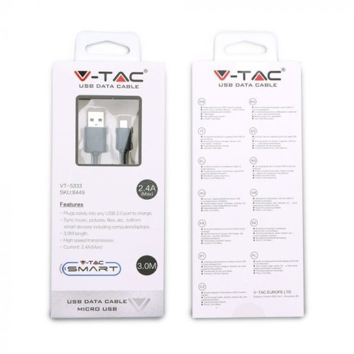 V-TAC Micro USB kábel 3M fekete - 8449