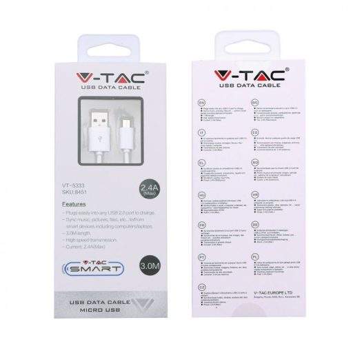 V-TAC Micro USB kábel 3M fehér - 8451