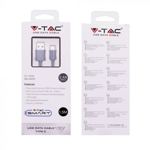 V-TAC USB "C" kábel 1,5m fekete - 8454