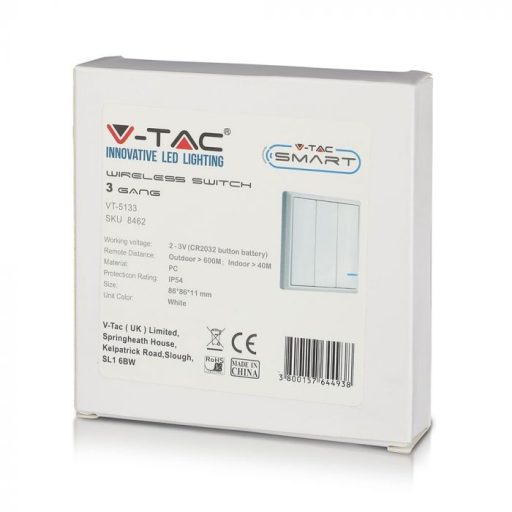 V-TAC Vezeték nélküli villanykapcsoló, 3 kapcsolóval, IP54 - 8462