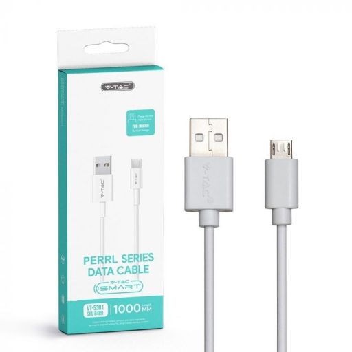 V-TAC 1M Micro USB kábel fehér - gyöngy széria - 8480