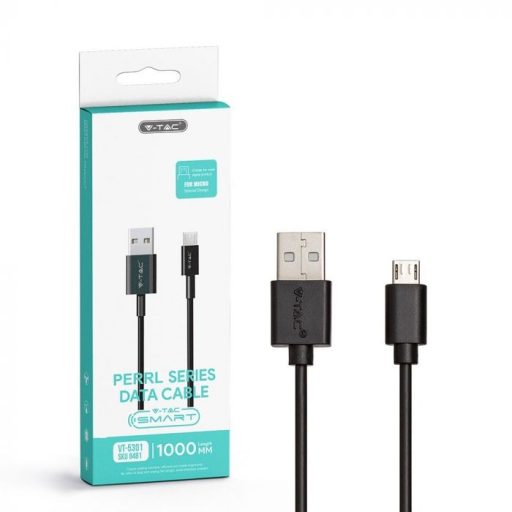 V-TAC 1M Micro USB kábel fekete - gyöngy széria - 8481