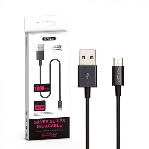 V-TAC 1M Micro USB kábel fekete - ezüst széria - 8485