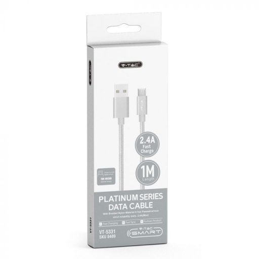 V-TAC 1M Micro USB kábel ezüst - platinum széria - 8489