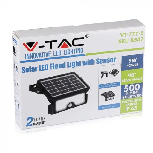V-TAC 5W Mozgásérzékelős LED napelemes (SOLAR) reflektor 90° 4000K fekete házas  - 8547