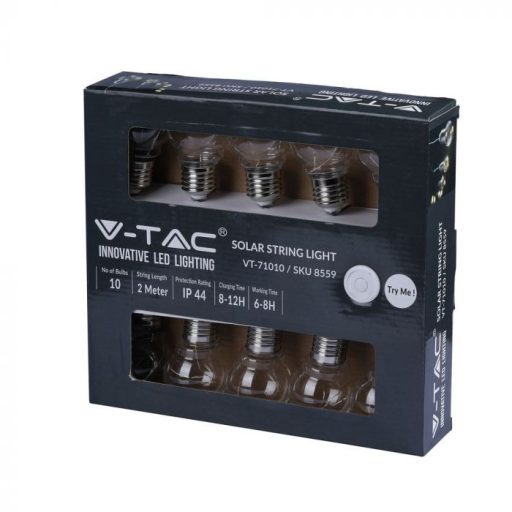 V-TAC LED Napelemes Fényfüzér 2 méter 10x1W IP44 3000K - 8559