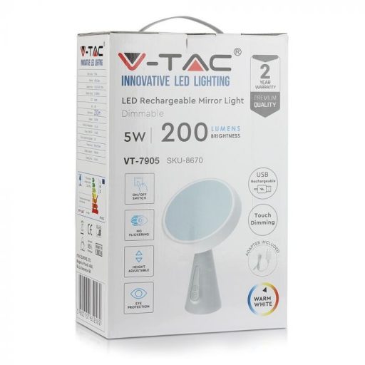 V-TAC LED 5W Tölthető dimmelhető sminktükör 3000K - 8670