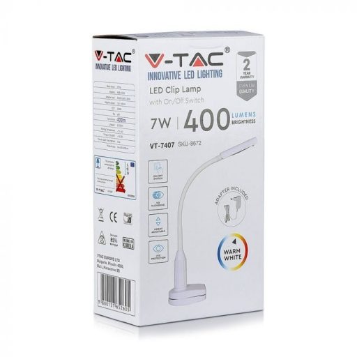 V-TAC LED 7W Csiptetős asztali lámpa, fehér 3000K - 8672