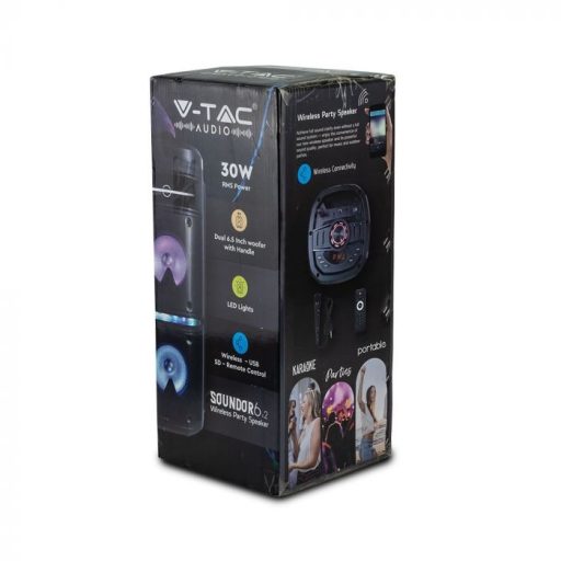 V-TAC 30W Tölthető party hangfal, vezetékes mikrofon, RF távirányítás, bluetooth RGB 2x6,5 inch - 8680