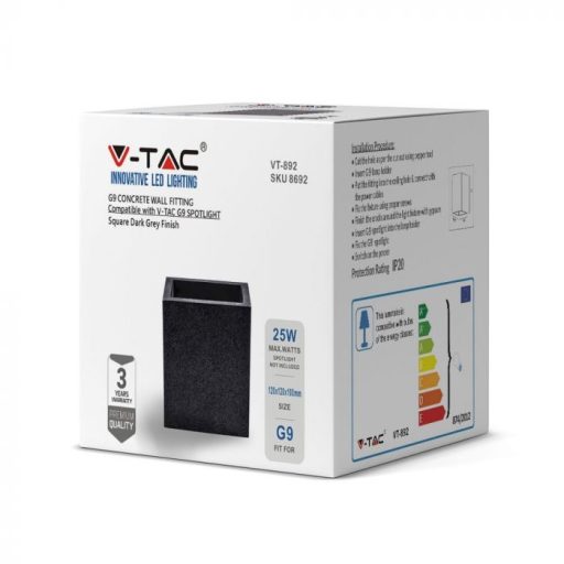 V-TAC Led Beton fali lámpa négyzet forma 1xG9 IP20 - sötét szürke - 8692