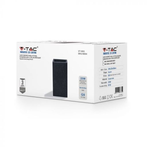 V-TAC Led Beton fali lámpa téglalap forma 1xG9 IP20 - sötét szürke - 8694
