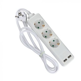   V-TAC Hosszabbító kapcsolóval 3 csatlakozós 2 USB csatlakozóval 1,5m kábel fehér színű - 8774