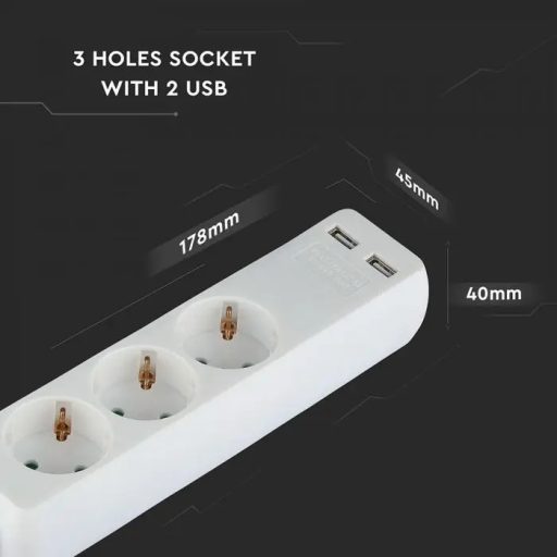 V-TAC Hosszabbító kapcsolóval 3 csatlakozós 2 USB csatlakozóval 5m kábel fehér színű - 8775