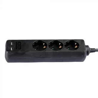   V-TAC Hosszabbító kapcsolóval 3 csatlakozós 2 USB csatlakozóval 1,5m kábel fekete színű - 8776
