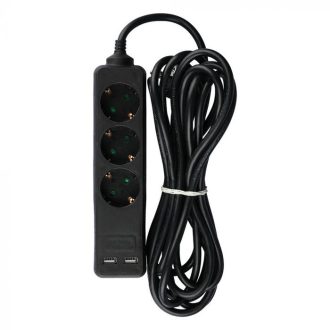   V-TAC Hosszabbító kapcsolóval 3 csatlakozós 2 USB csatlakozóval 5m kábel fekete színű - 8777