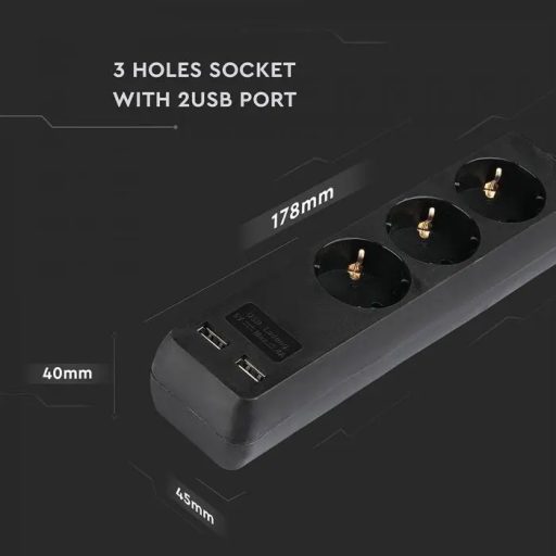V-TAC Hosszabbító kapcsolóval 3 csatlakozós 2 USB csatlakozóval 5m kábel fekete színű - 8777