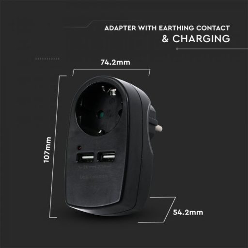 V-TAC Hálózati adapter 2 USB porttal fekete színű - 8796