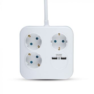   V-TAC 3-as hálózati elosztó 2db USB cstlakozóval 1.4m - 8799
