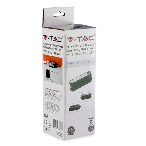 V-TAC 3-as asztali elosztó, túlfeszültség elleni védelemmel, kapcsolóval, 2 USB porttal 1.5mm x 1.4m - 8817
